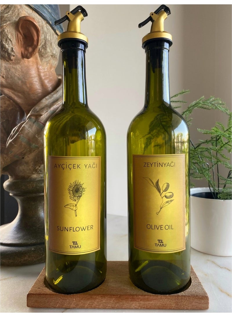 Tamu Gold 2-Piece 750 ml Olive Oil Bottle Drip-Free Oil Pot Oil Bowl with Wooden Stand Gold  - Image 1