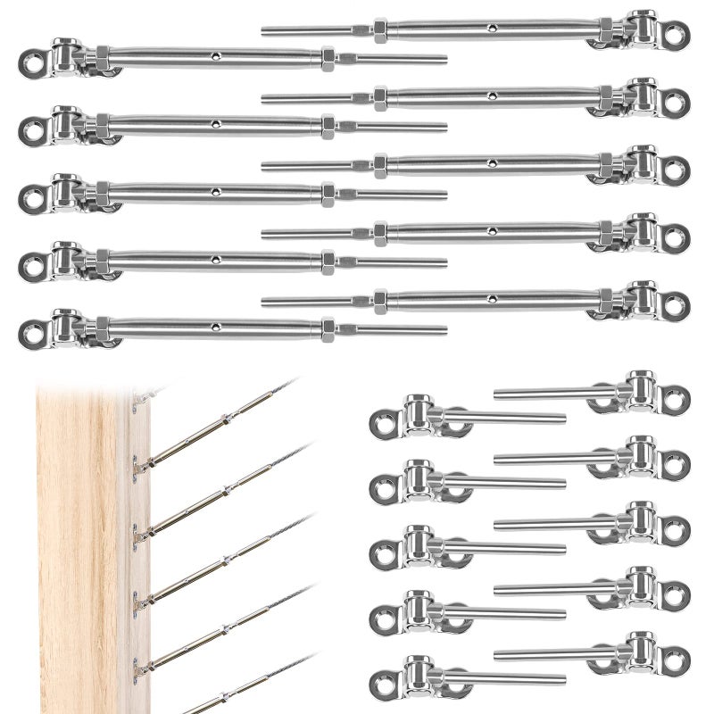 Muzata 10 Pairs 1/8" Cable Railing Hardware Kit Swage Toggle Turnbuckle for Wood Post T316 Stainless Steel Deck Cable Railing System Angle 180Â° Adjustable Stairs 20 Pack CK07 - Image 1