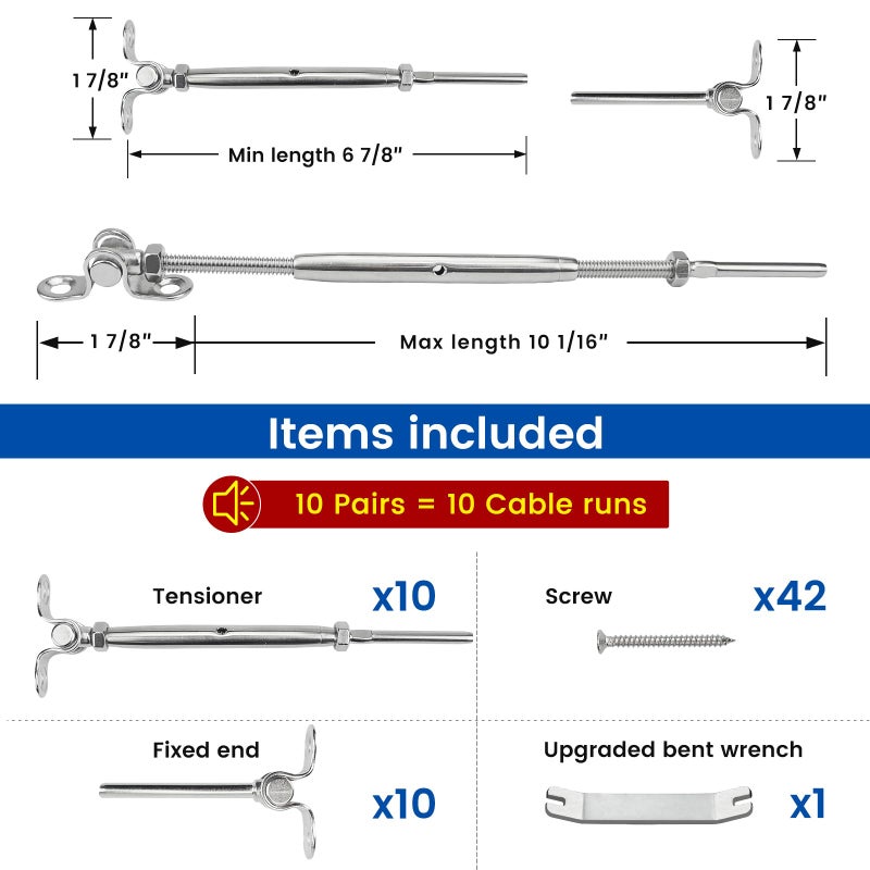 Muzata 10 Pairs 1/8" Cable Railing Hardware Kit Swage Toggle Turnbuckle for Wood Post T316 Stainless Steel Deck Cable Railing System Angle 180Â° Adjustable Stairs 20 Pack CK07 - Image 2
