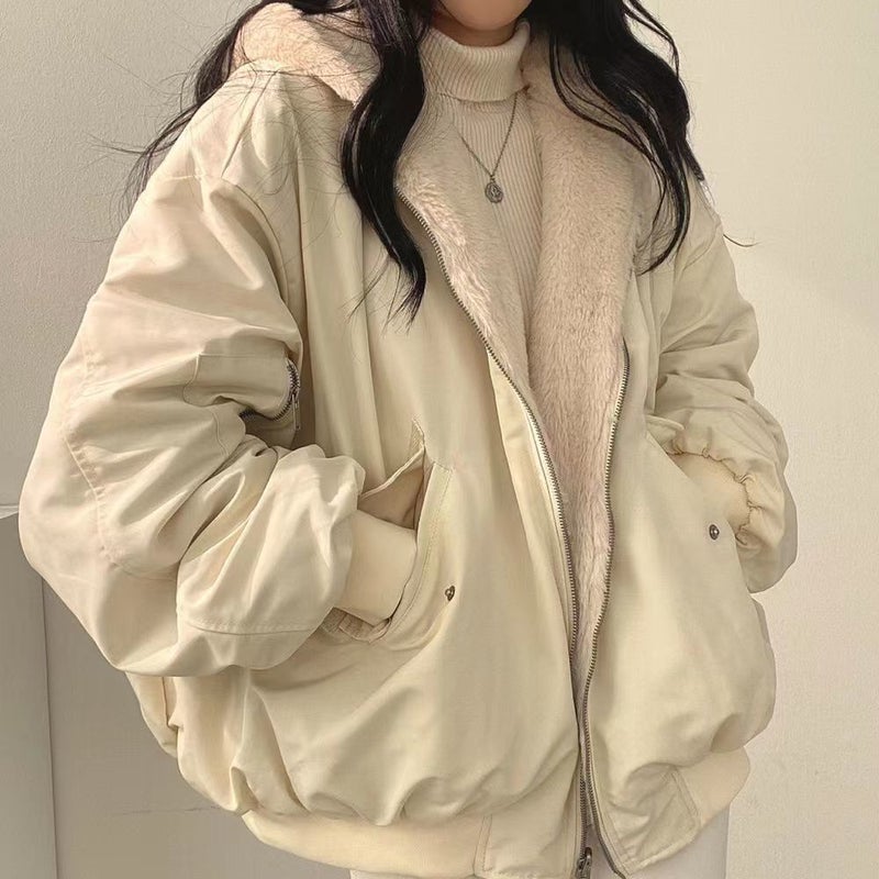 South Korea fleece-lined Thickened Double-sided Lamb Wool Cotton-padded Jacket Womens Coat Autumn and Winter New Zipper Hooded Cotton-padded Jacket apricot wear on both sides
