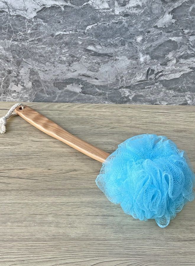 JINS-Hung Shower Loofah Body & Back Scrubber - Exfoliating Loofah Bath Brush On a Stick - With Long Wooden Handle Back Brush For Men & Women - Easy Reach Body Wash & Lotion Applicator（Blue） - Image 2