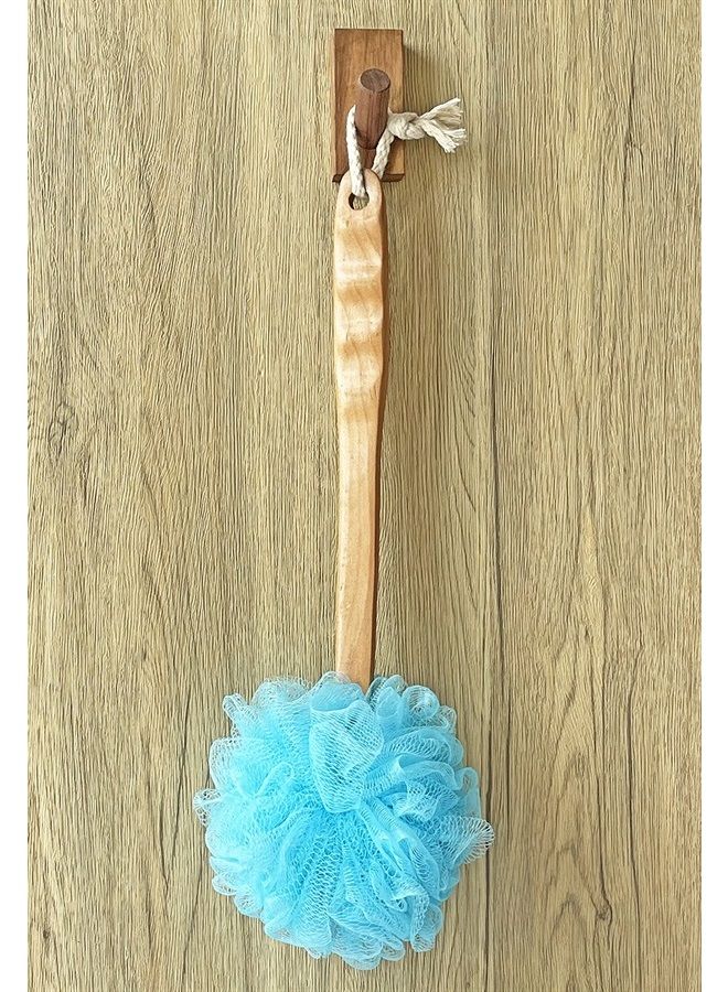 JINS-Hung Shower Loofah Body & Back Scrubber - Exfoliating Loofah Bath Brush On a Stick - With Long Wooden Handle Back Brush For Men & Women - Easy Reach Body Wash & Lotion Applicator（Blue） - Image 1