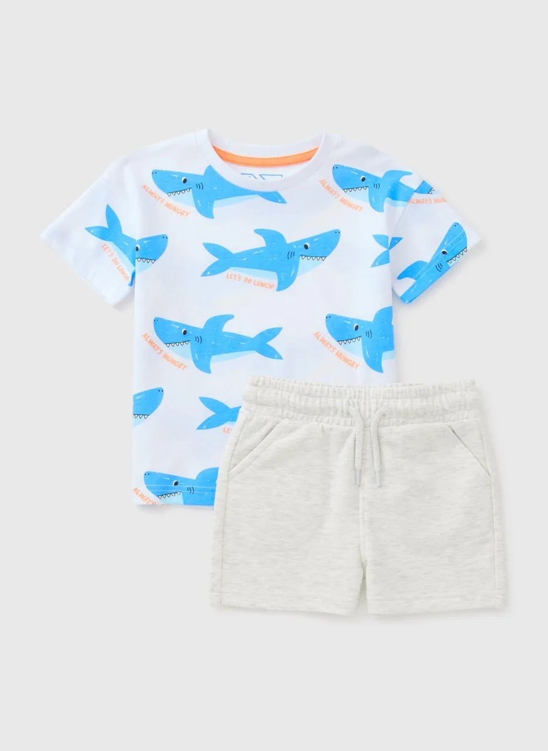 Matalan Boys White Shark Top & Shorts Set
