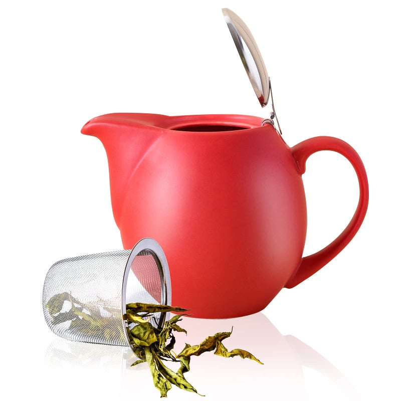 Yundu 32 ounce Red Porcelain Tea Pot - Stainless Steel Lid and Fine Infuser To Brew Loose Leaf Tea, Enough For 4 Cups - Image 1