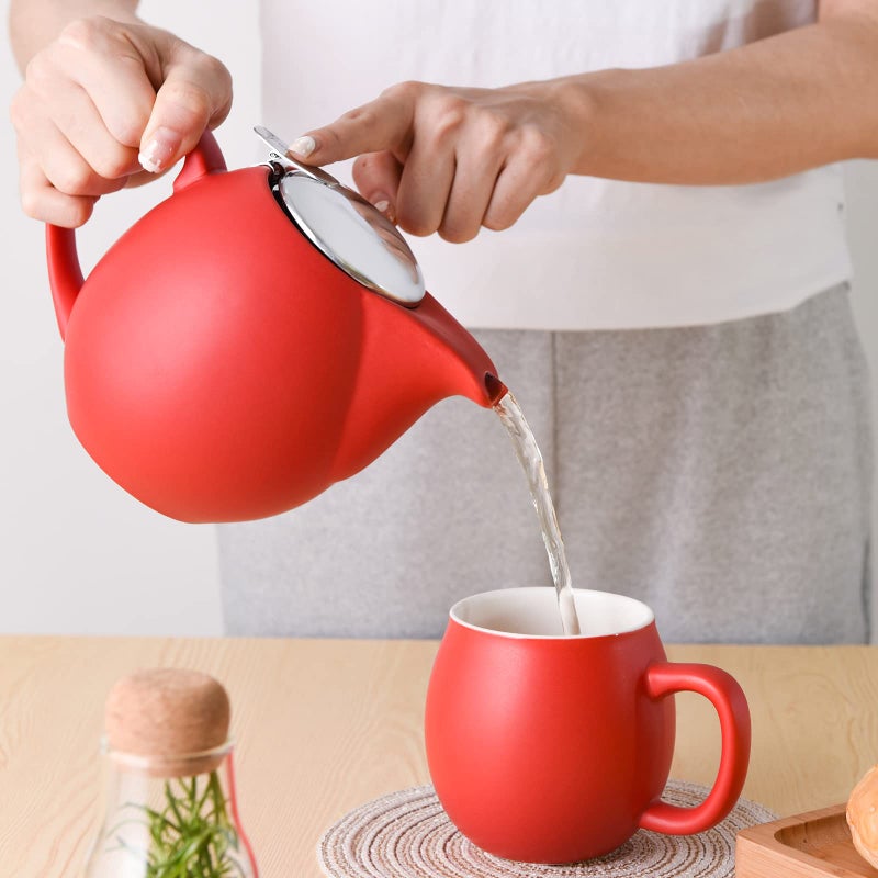 Yundu 32 ounce Red Porcelain Tea Pot - Stainless Steel Lid and Fine Infuser To Brew Loose Leaf Tea, Enough For 4 Cups - Image 4