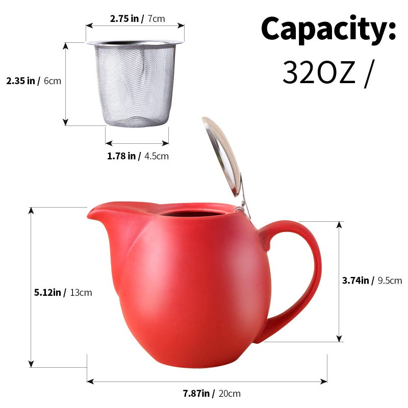 Yundu 32 ounce Red Porcelain Tea Pot - Stainless Steel Lid and Fine Infuser To Brew Loose Leaf Tea, Enough For 4 Cups - Image 2