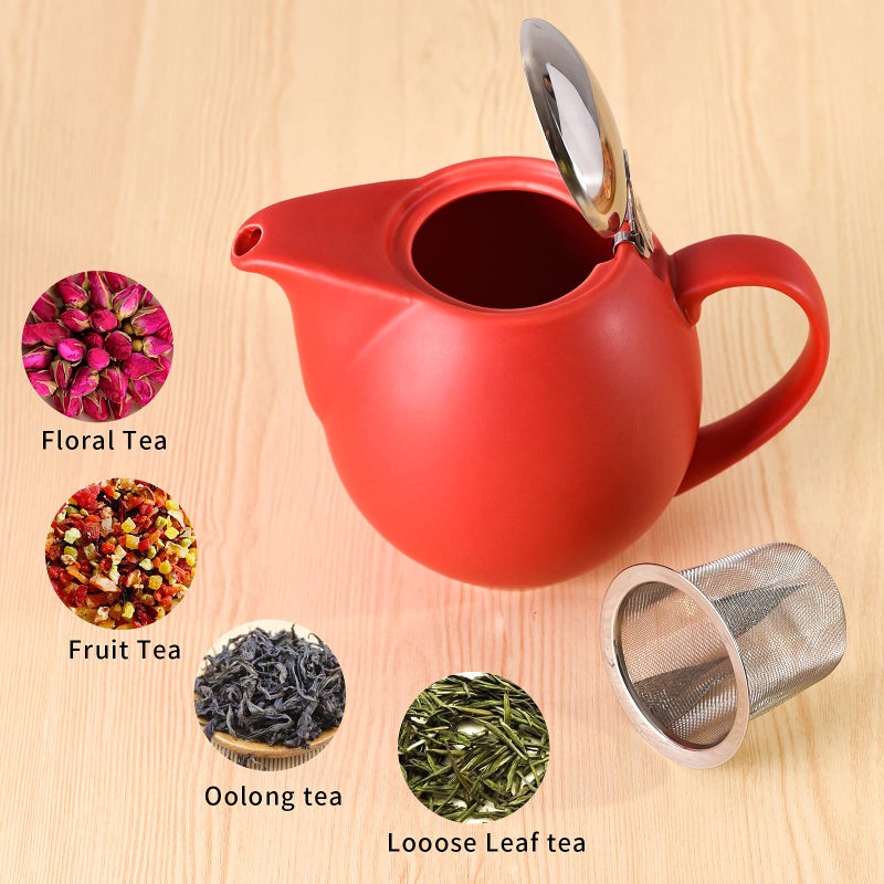 Yundu 32 ounce Red Porcelain Tea Pot - Stainless Steel Lid and Fine Infuser To Brew Loose Leaf Tea, Enough For 4 Cups - Image 5