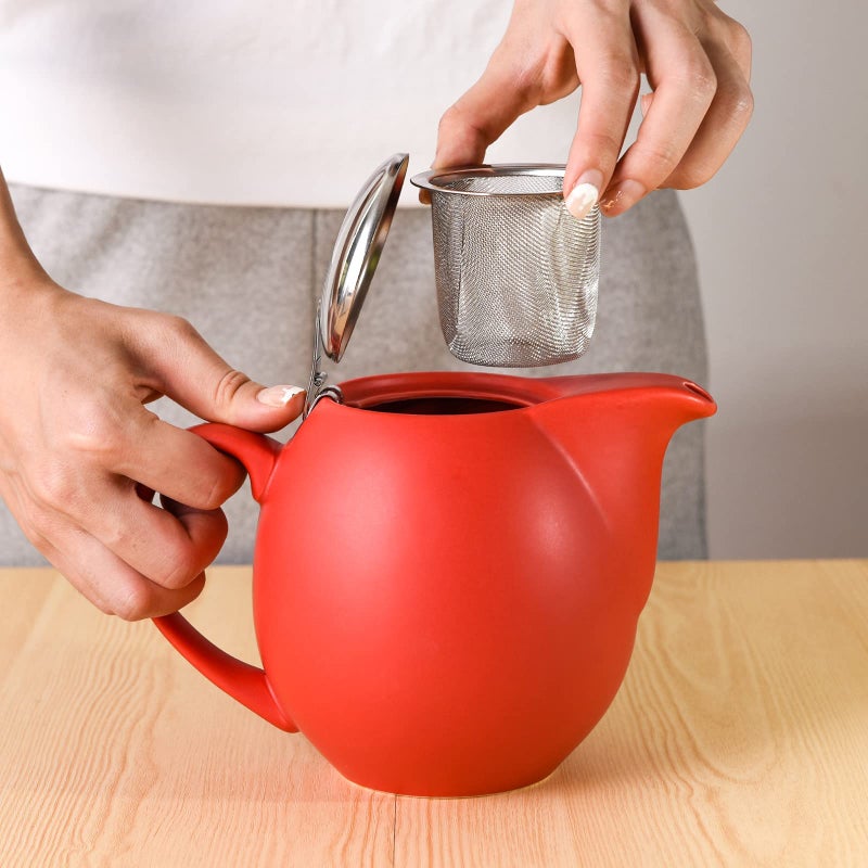 Yundu 32 ounce Red Porcelain Tea Pot - Stainless Steel Lid and Fine Infuser To Brew Loose Leaf Tea, Enough For 4 Cups - Image 3