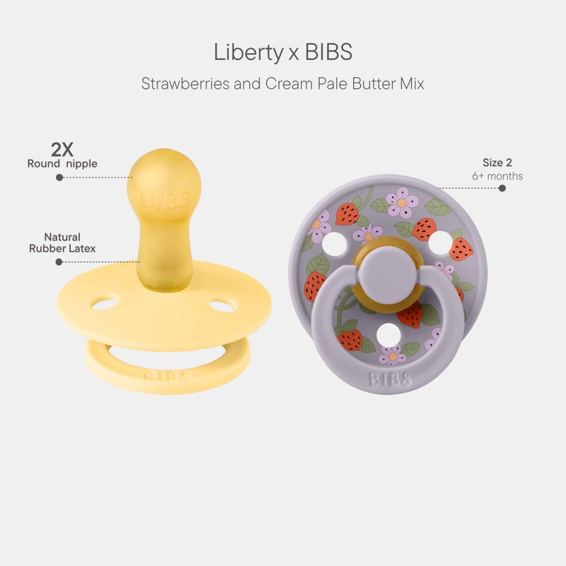 BIBS Colour Liberty Soother 2-Pack, BPA Free Dummy Pacifier, Round Nipple. Natural Rubber Latex, Made in Denmark, Size 2 (6-18 Months), Strawberries and Cream Pale Butter Mix - Image 2
