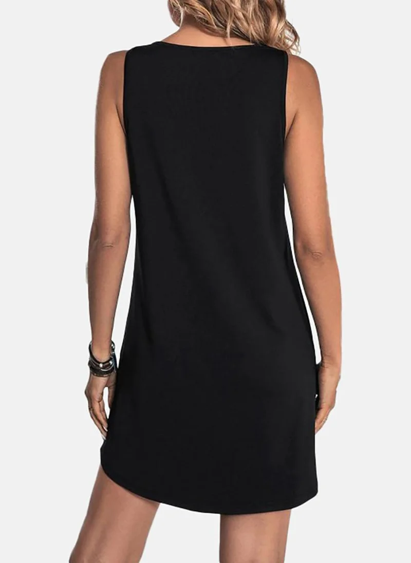 YUNIQEE Black Solid Sleeveless V Neck Mini A-Line Dress