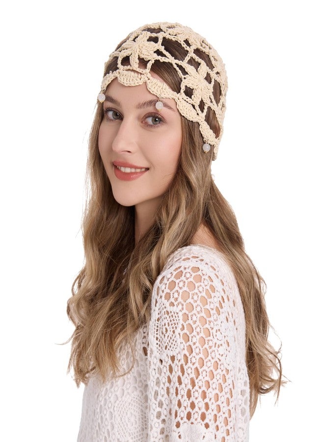 ZLYC Women Cotton Crochet Skull Cap Handmade Knit Cutout Floral Beanie Hat, Beads Beige, One size - Image 2