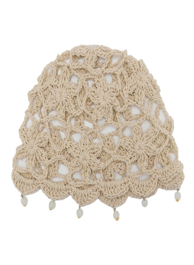 ZLYC Women Cotton Crochet Skull Cap Handmade Knit Cutout Floral Beanie Hat, Beads Beige, One size - Image 5