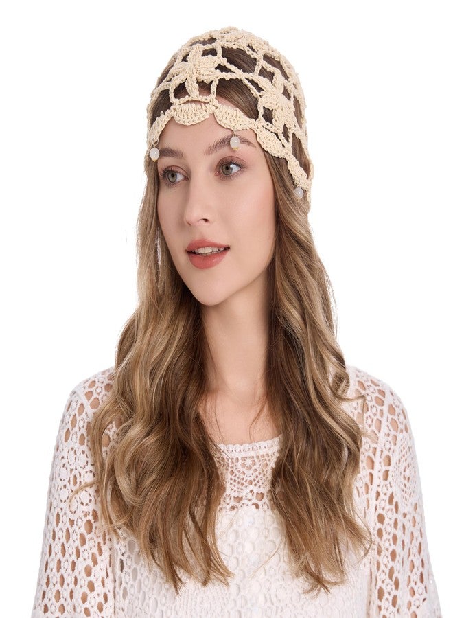 ZLYC Women Cotton Crochet Skull Cap Handmade Knit Cutout Floral Beanie Hat, Beads Beige, One size - Image 1
