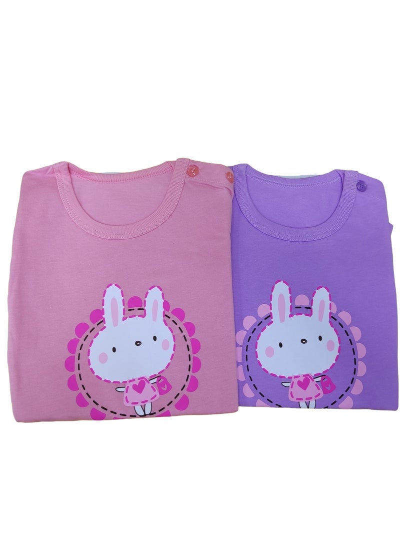 AIWANTO 2 Set  Summer Baby Girl Bunny Cotton Pajama Set T-Shirt & Pants Set Coral Pink & Purple (8-15months) - Image 1