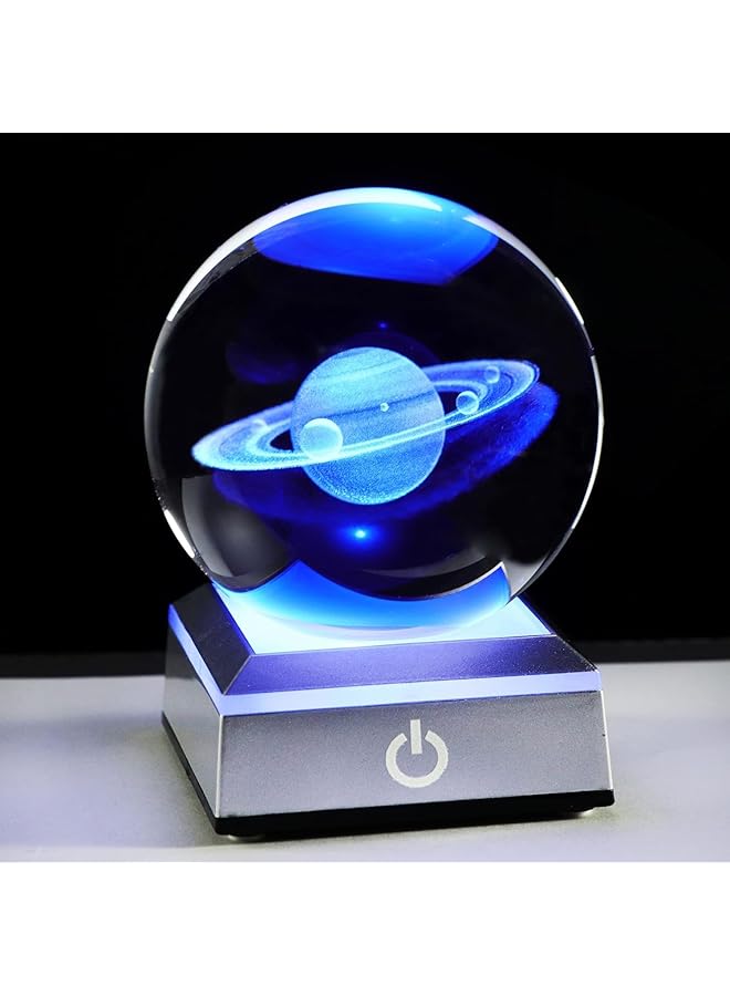 erorex 80Mm 3D Engraved Saturn K9 Crystal Ball With Silver Led Base Solar System Glass Sphere Miniatured Saturn Planet Birthday Gifts For Astronomy Home Decorations 3.15 In. Saturn - Image 1