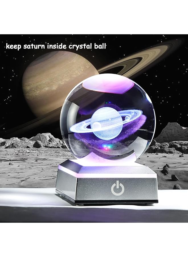 erorex 80Mm 3D Engraved Saturn K9 Crystal Ball With Silver Led Base Solar System Glass Sphere Miniatured Saturn Planet Birthday Gifts For Astronomy Home Decorations 3.15 In. Saturn - Image 3
