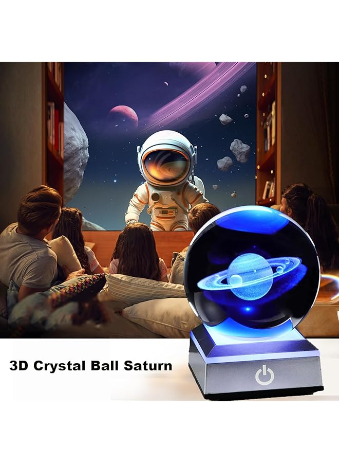 erorex 80Mm 3D Engraved Saturn K9 Crystal Ball With Silver Led Base Solar System Glass Sphere Miniatured Saturn Planet Birthday Gifts For Astronomy Home Decorations 3.15 In. Saturn - Image 4