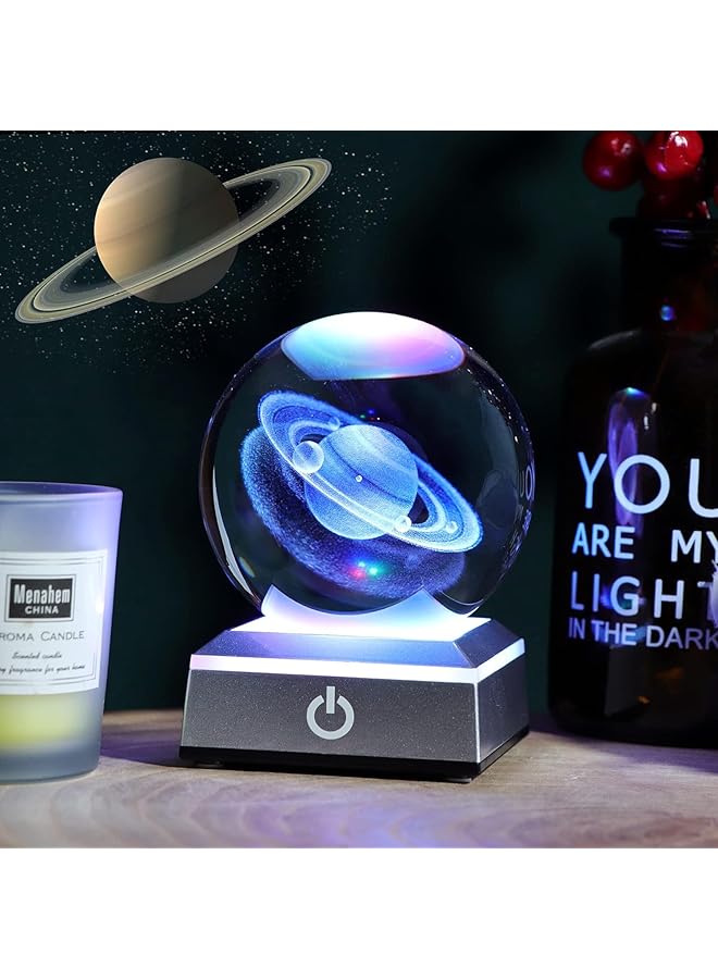 erorex 80Mm 3D Engraved Saturn K9 Crystal Ball With Silver Led Base Solar System Glass Sphere Miniatured Saturn Planet Birthday Gifts For Astronomy Home Decorations 3.15 In. Saturn - Image 2