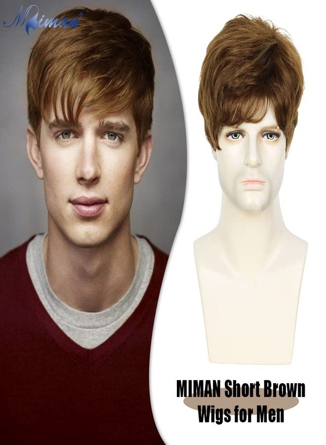 MIMAN Mens Short Brown Wigs for Men Short Straight Layered Natural Synthetic Mens Wig Short Hair Replacement Wigs Realistic Male Halloween Costumes Party Cosplay Wig with Toupee Cap - Image 2