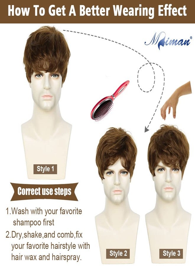 MIMAN Mens Short Brown Wigs for Men Short Straight Layered Natural Synthetic Mens Wig Short Hair Replacement Wigs Realistic Male Halloween Costumes Party Cosplay Wig with Toupee Cap - Image 3
