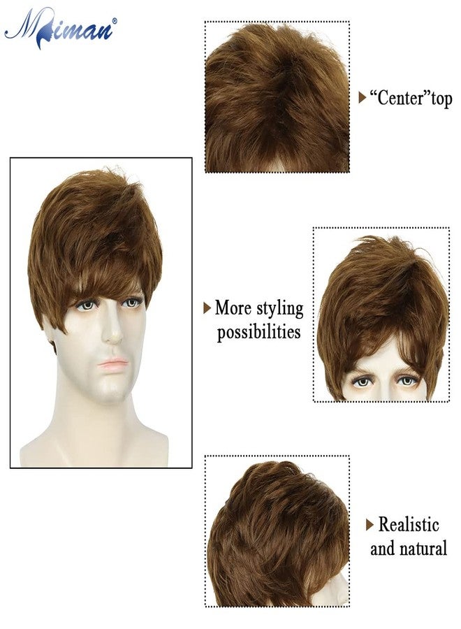 MIMAN Mens Short Brown Wigs for Men Short Straight Layered Natural Synthetic Mens Wig Short Hair Replacement Wigs Realistic Male Halloween Costumes Party Cosplay Wig with Toupee Cap - Image 4