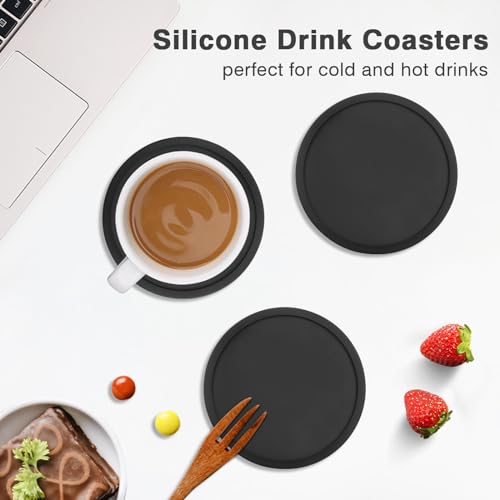 CAETOUNG 2 Pack Silicone Coasters for Drinks, Round Black Coaster with Deep Tray Grooved Design Cup Mat, Washable Heat Resistant Durable Non-Slip Coasters for Coffee Table Wooden Desk Kitchen Bar - Image 5