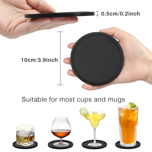 CAETOUNG 2 Pack Silicone Coasters for Drinks, Round Black Coaster with Deep Tray Grooved Design Cup Mat, Washable Heat Resistant Durable Non-Slip Coasters for Coffee Table Wooden Desk Kitchen Bar - Image 2