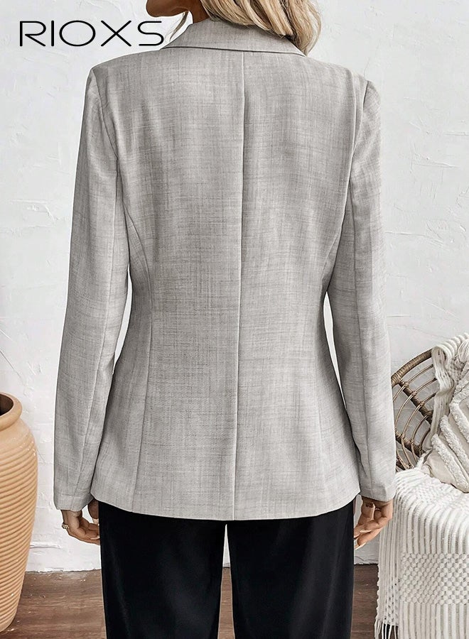 RIOXS Womens Blazers, Business Casual Blazers for Ladies, Long Sleeve Notch Lapel Slim Fit Work Office Blazer Jackets with Pockets, Spring Fall Suit Outerwear for Commuting Meeting Daily Wearing, Light Grey - Image 2