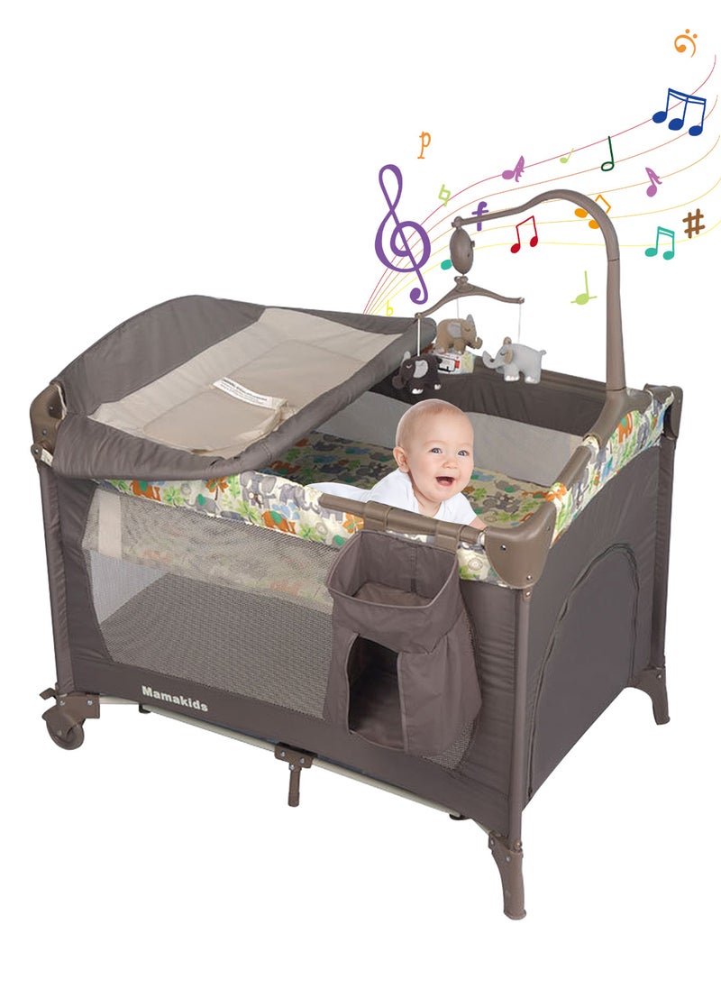 Mamakids Multi-functional Baby Crib, Foldable And Portable Newborn Playpen Cots With Changing Table And Toy Music Stand  - Image 1