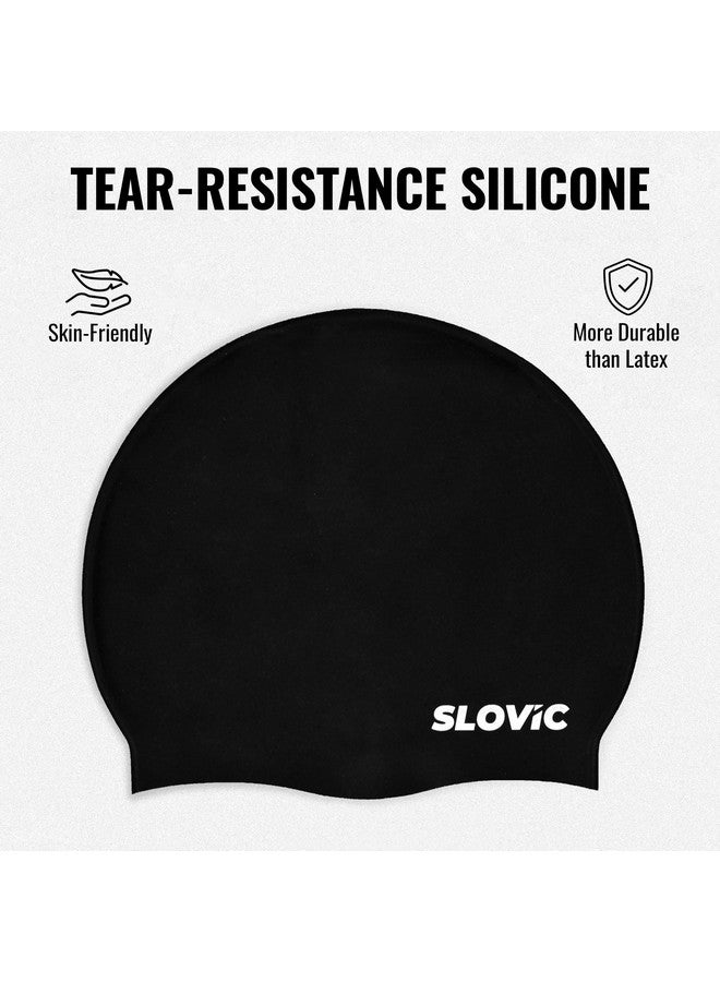 SLOVIC Black Swimming Caps For Men And Women With Long Hair | Waterproof Cap For Swimming Silicone | Free-Size For Great Fit | No Hair Pulling | Prevents Chemical Damage - Image 3