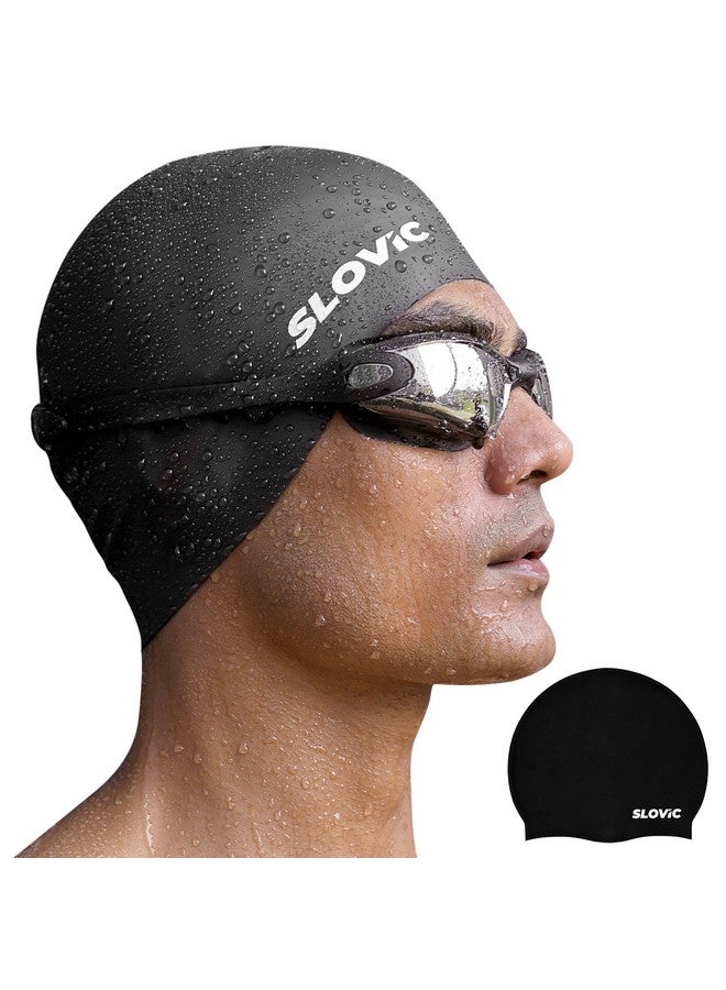 SLOVIC Black Swimming Caps For Men And Women With Long Hair | Waterproof Cap For Swimming Silicone | Free-Size For Great Fit | No Hair Pulling | Prevents Chemical Damage - Image 1