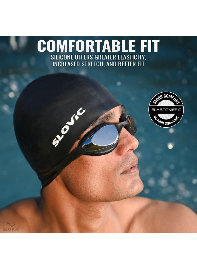 SLOVIC Black Swimming Caps For Men And Women With Long Hair | Waterproof Cap For Swimming Silicone | Free-Size For Great Fit | No Hair Pulling | Prevents Chemical Damage - Image 4