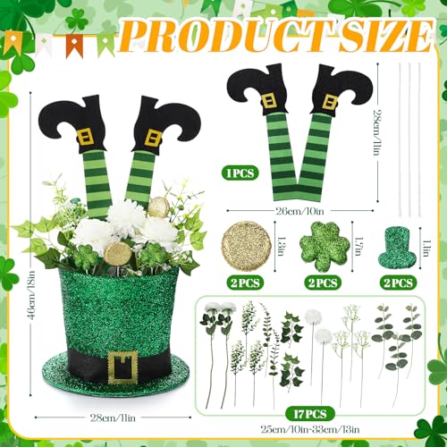 FineCheer St Patricks Day Hat Flower Pot Set Irish Green Leprechaun Top Hat Shape Buckle Flower Arrangement Container Simulated Bouquet with Shamrock St Patricks Day Matte Style - Image 3