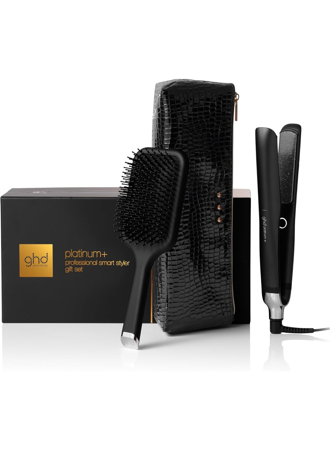 ghd Platinum+ Professional Smart Flat Iron, Black, with Ultra-Gloss Ceramic Plates, Heat-Resistant Bag, All-Rounder Paddle Brush, Festive Gift Set | Black | Christmas Collection