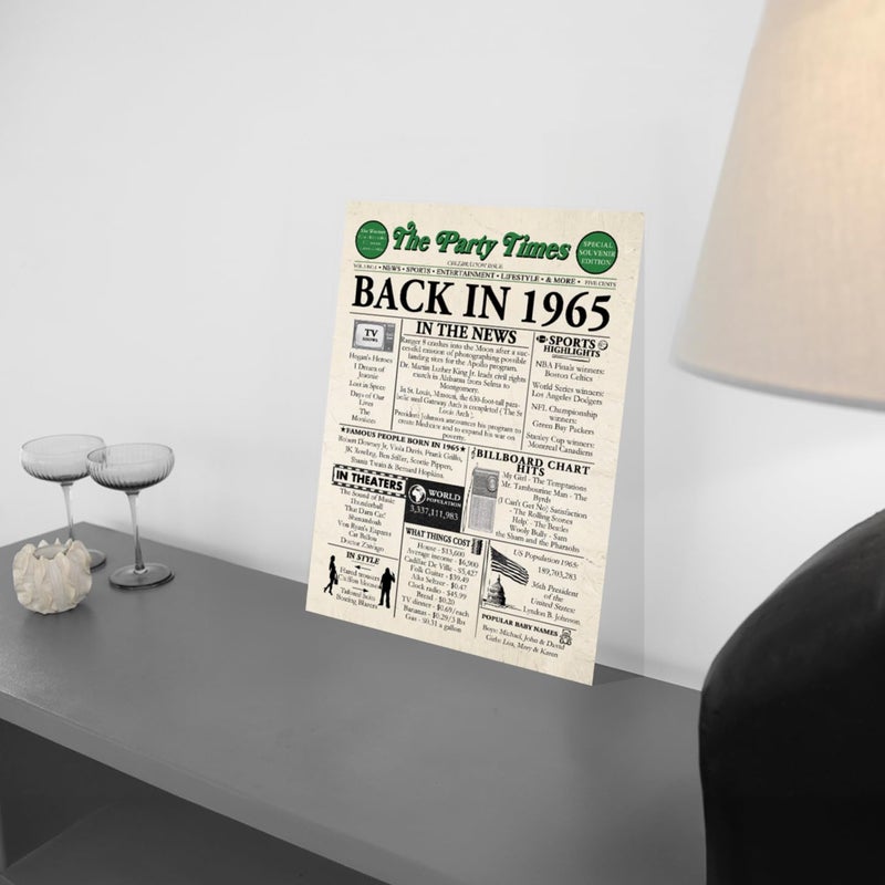 Stuff4 ملصق عيد الميلاد الستين غير مؤطر - صحيفة من عام 1965 - هدايا عيد ميلاد سعيد 60 للرجال والنساء عتيق ريترو مواليد 1965 8x10 بوصة زينة حفلة عيد الميلاد الستين - Image 1