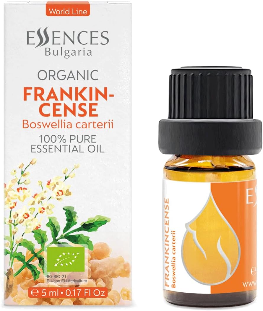 Essences Bulgaria Organic Frankincense Essential Oil 0.17 Fl Oz 5ml Boswellia Carterii - 100% Pure and Natural Undiluted Therapeutic Grade for Aromatherapy with Diffuser or Air Purifier Body Massage
