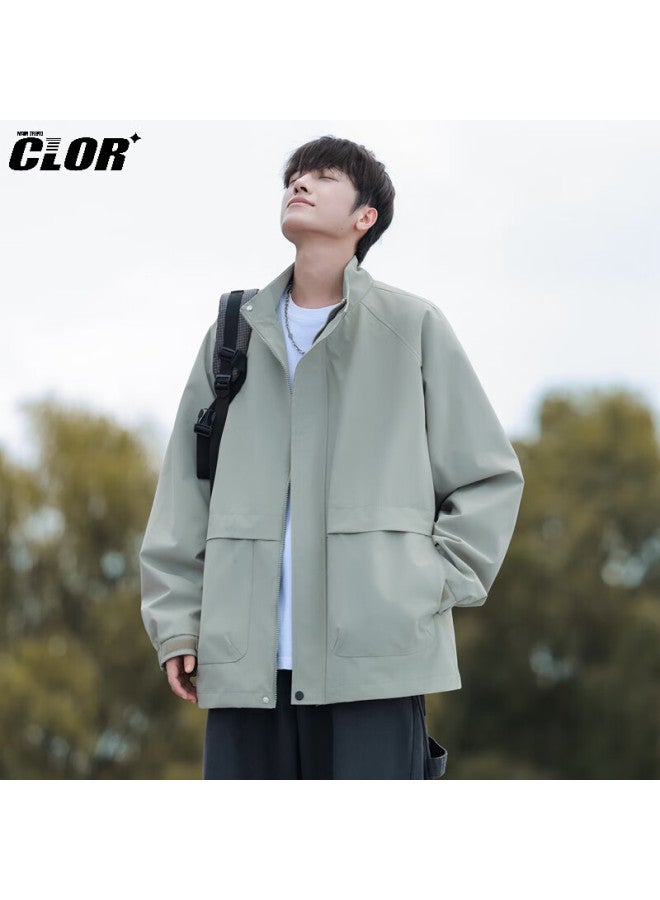 Clor American Vintage Retro Collar Jacket Men Autumn Winter Simple Versatile Loose Casual Outerwear Jk06 Gray Green M - Image 2