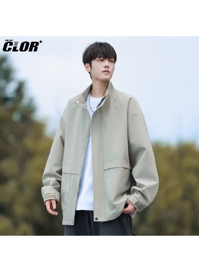 Clor American Vintage Retro Collar Jacket Men Autumn Winter Simple Versatile Loose Casual Outerwear Jk06 Gray Green M - Image 5
