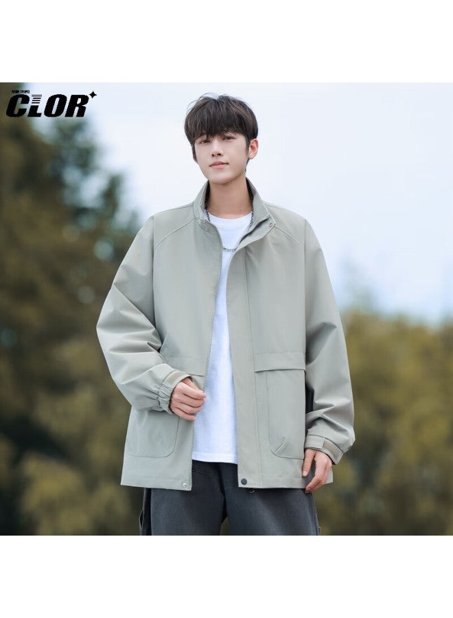 Clor American Vintage Retro Collar Jacket Men Autumn Winter Simple Versatile Loose Casual Outerwear Jk06 Gray Green M - Image 4
