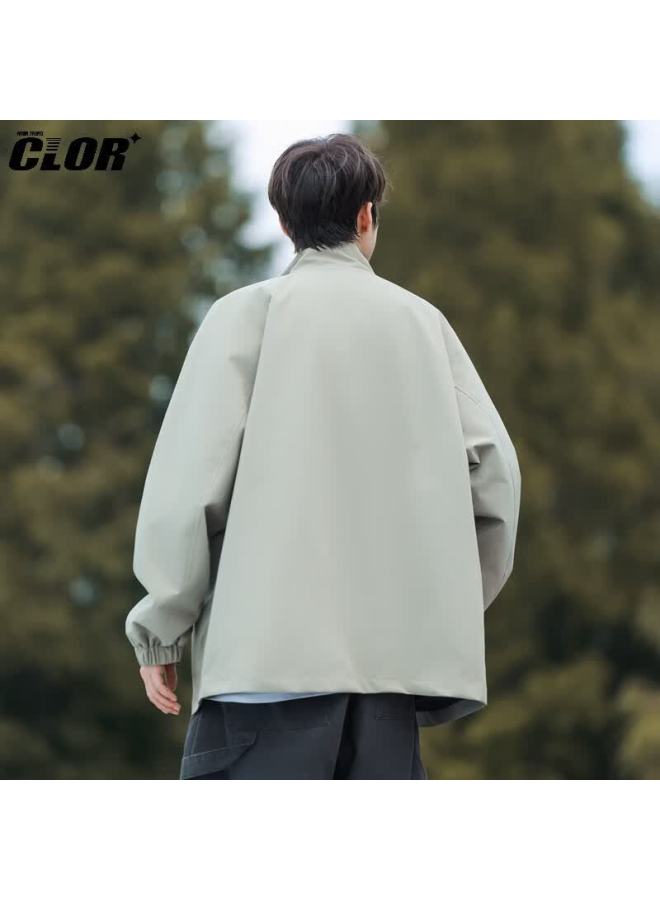 Clor American Vintage Retro Collar Jacket Men Autumn Winter Simple Versatile Loose Casual Outerwear Jk06 Gray Green M - Image 3