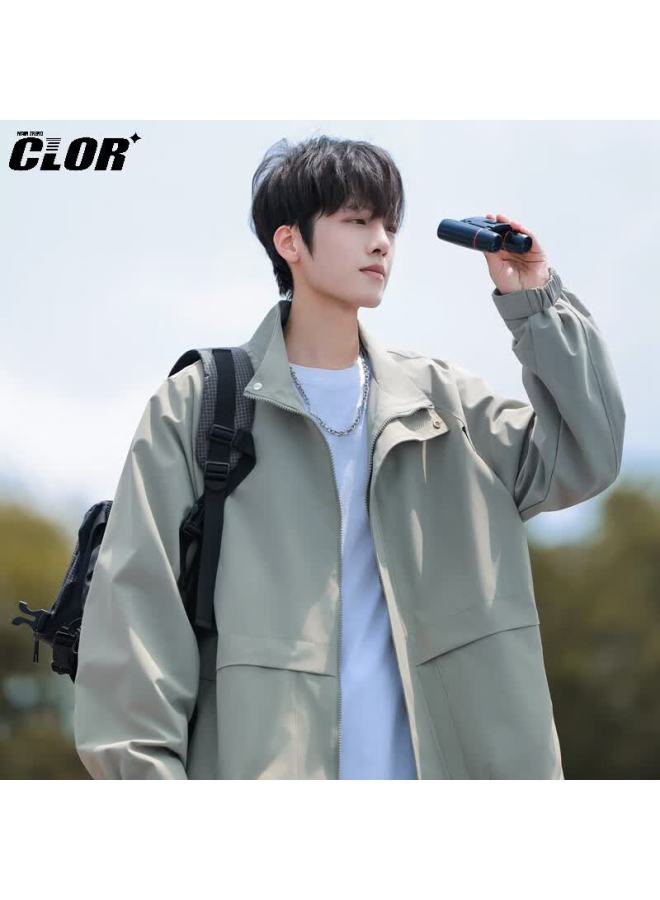 Clor American Vintage Retro Collar Jacket Men Autumn Winter Simple Versatile Loose Casual Outerwear Jk06 Gray Green M - Image 1