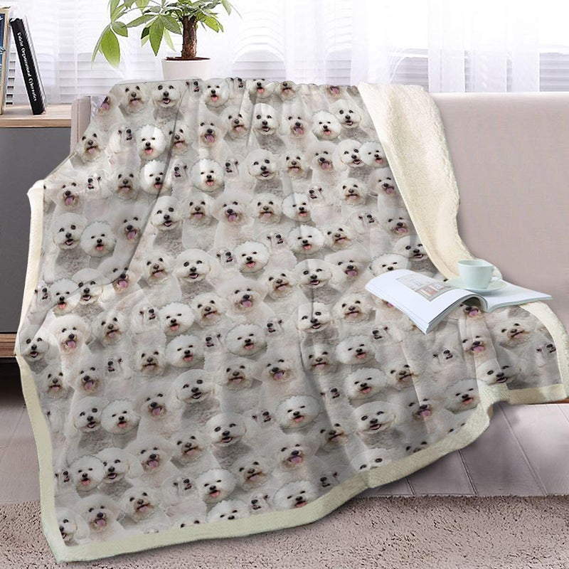 BlessLiving Bichon Frise Sherpa Fleece Throw Blanket 50 x 60 Soft Fluffy Warm Cozy Dogs Blanket for Couch Bed Sofa Chair Cute Puppy Fleece Blanket Reversible Animal Pattern Blankets Gifts for Teens