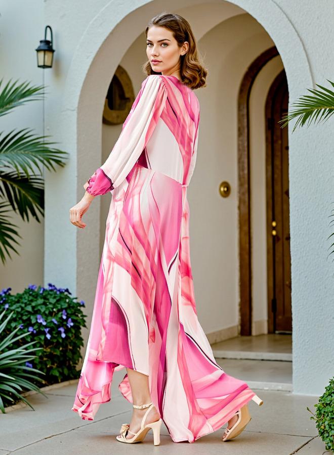 ايكونيك فستان ماكسي مطبوع بالكامل بأكمام طويلة وحافة غير متماثلة - Image 3