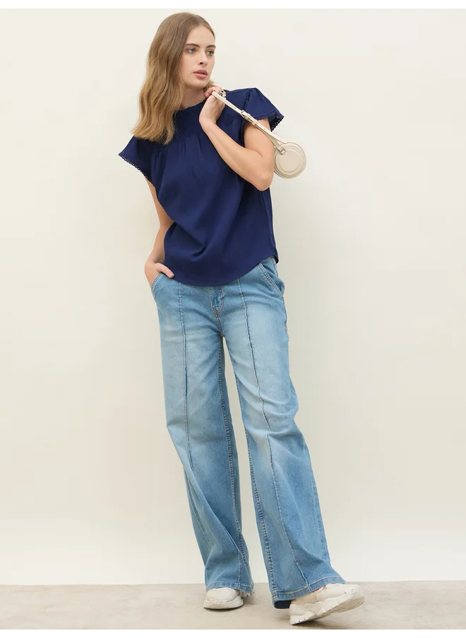 ستايلي Styli Regular Fit Round Neck Top with Smocked Detail