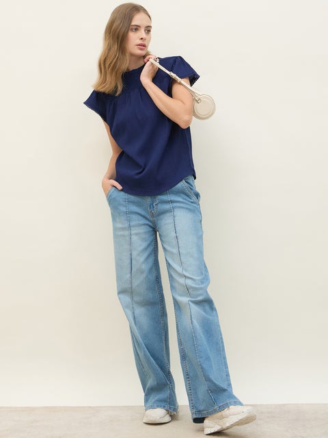 Regular Fit Round Neck Top with Smocked Detail