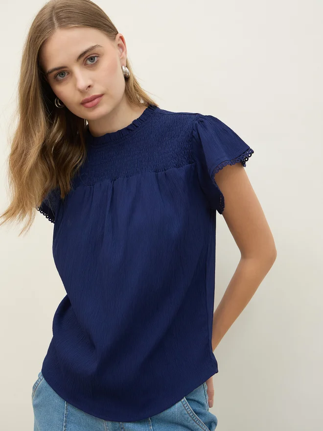 Styli Styli Regular Fit Round Neck Top with Smocked Detail