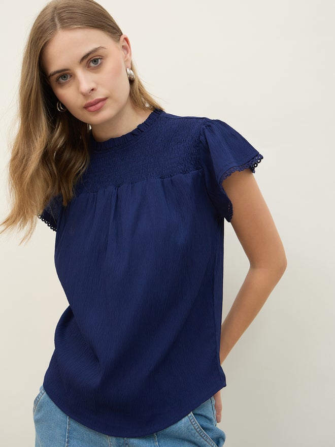 Styli Styli Regular Fit Round Neck Top with Smocked Detail  - Image 4