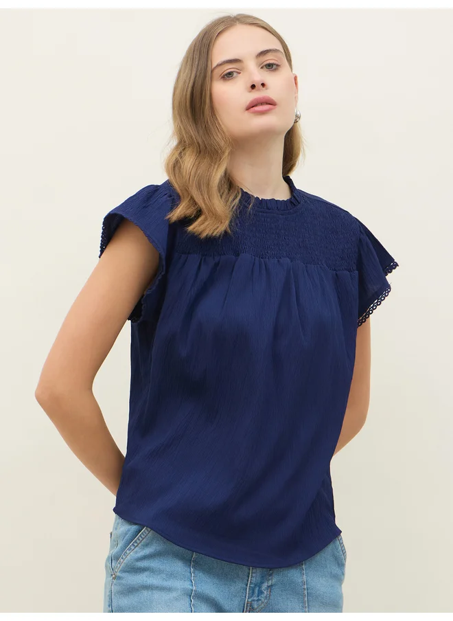 ستايلي Styli Regular Fit Round Neck Top with Smocked Detail