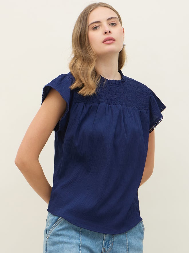 Styli Styli Regular Fit Round Neck Top with Smocked Detail  - Image 2