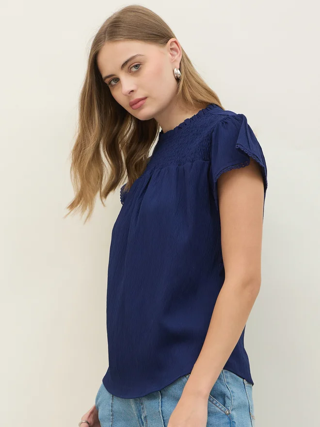 Styli Styli Regular Fit Round Neck Top with Smocked Detail